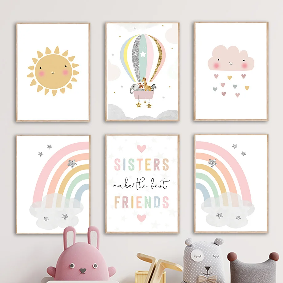 Baby Nursery Pictures - Giraffe Elephant Hot Balloon Sun Rainbow