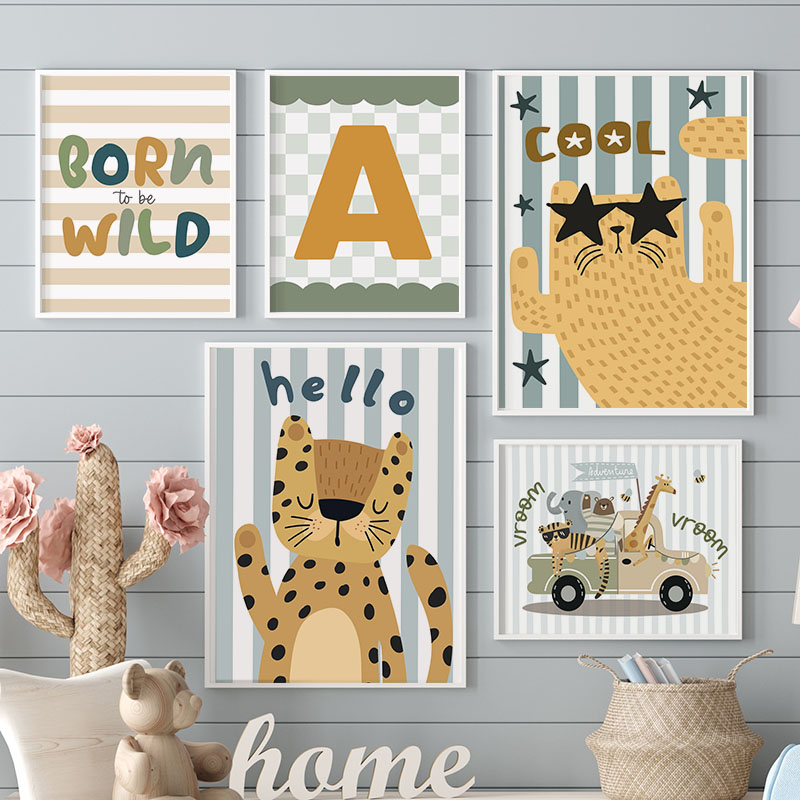 Baby Name Wall Art - Kawaii Tiger Lion Giraffe Car Custom
