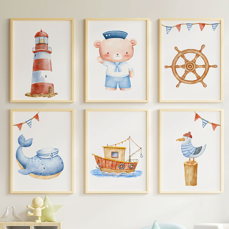 Baby Nursery Modern - Bear Whale Sailboat Lighthouse Nautical Nursery