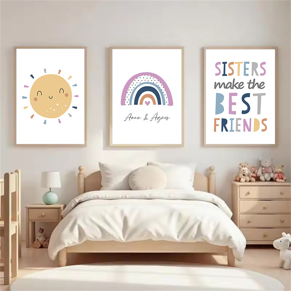 Baby Name Wall Art - Custom Name Poster Cartoon Sun Rainbow