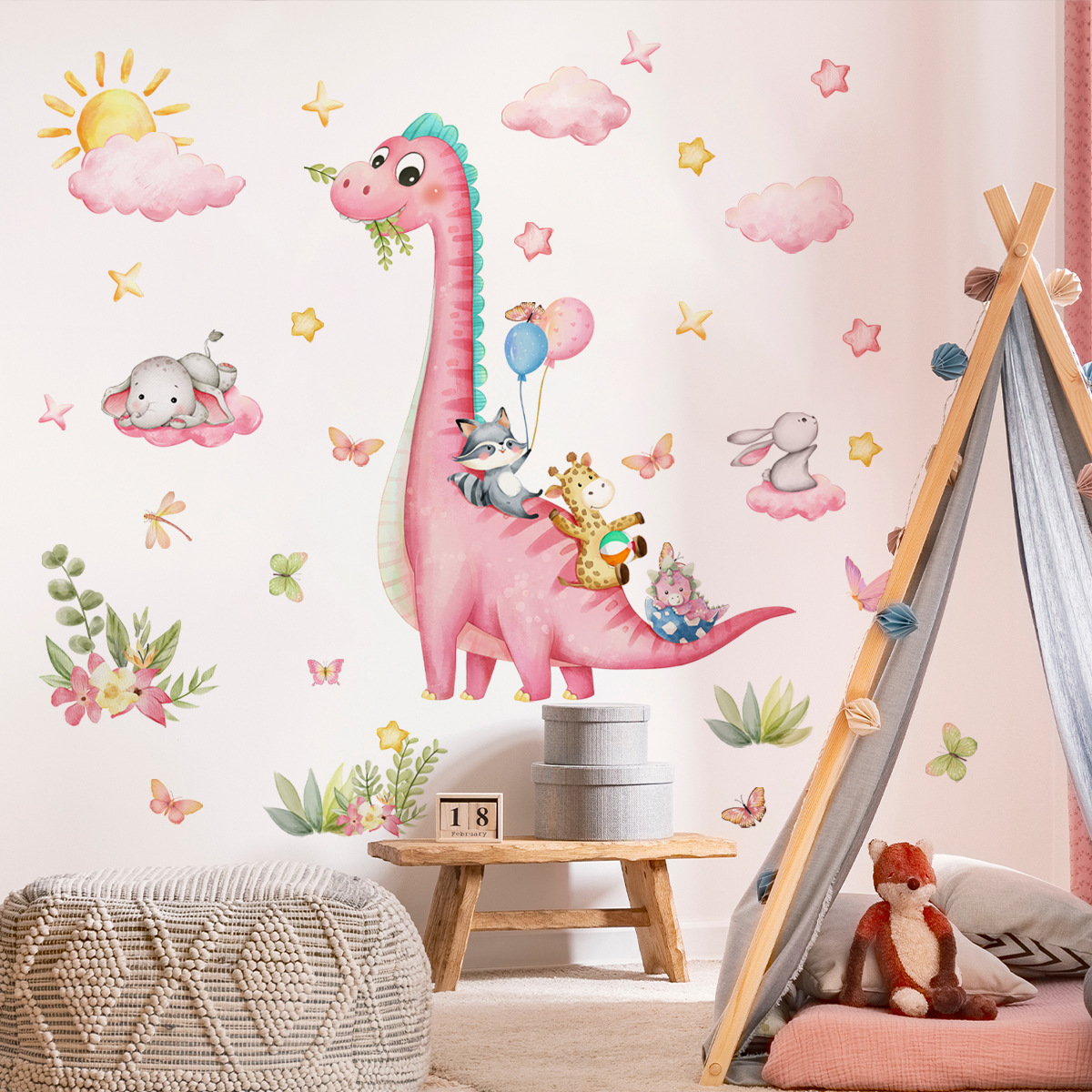 Large Cartoon Pink Dinosaur An - Baby Nursery Vinyl Wall Stickers recension och pris