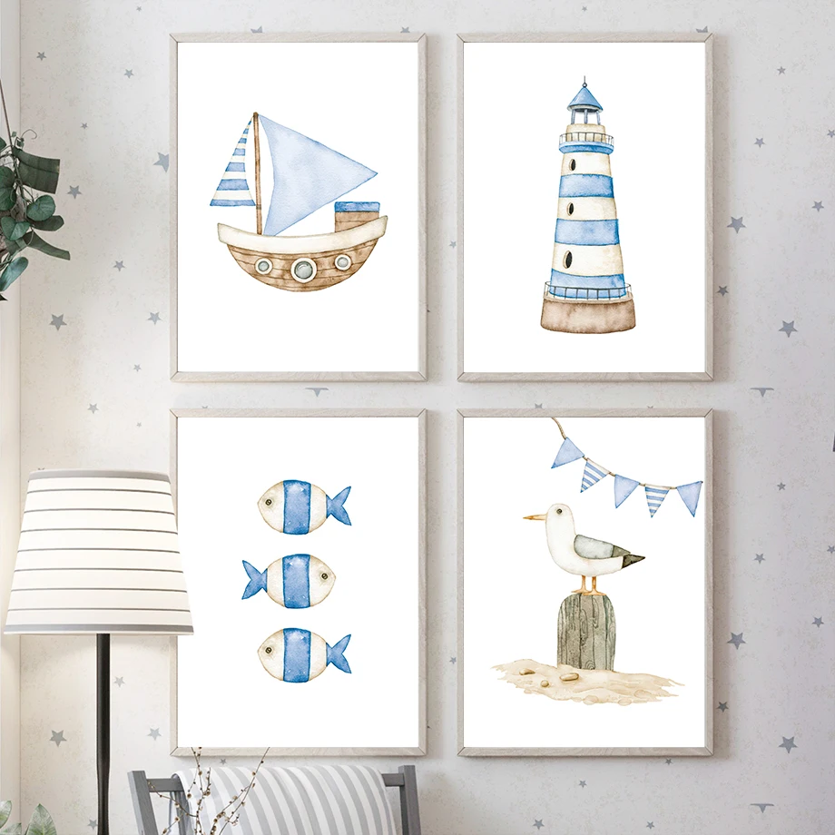 Sailboat Lighthouse Fish Nauti - Baby Nursery Pictures recension och pris