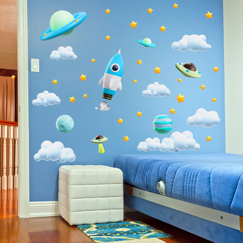 Blue Galaxy Space Rocket UFO W - Baby Nursery Vinyl Wall Stickers recension och pris