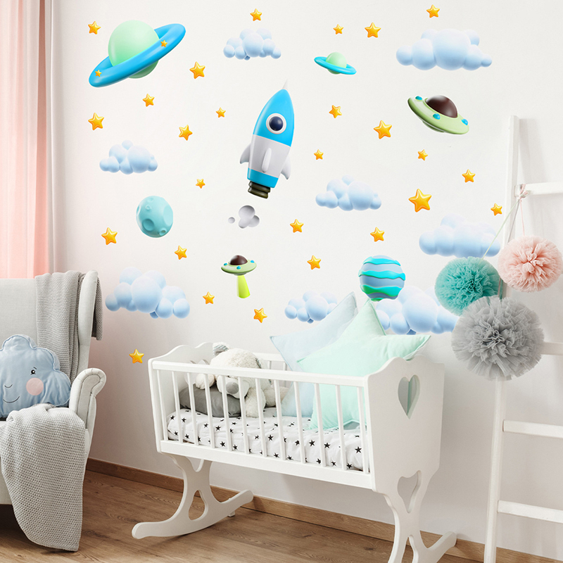Blue Galaxy Space Rocket UFO W - Baby Nursery Vinyl Wall Stickers recension och pris